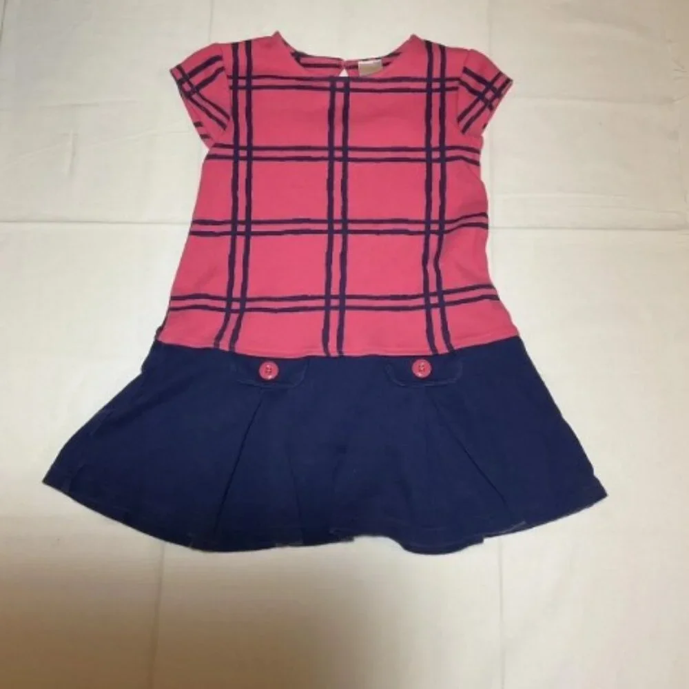 Gymboree Girls 4 Blue Pink Plaid Cotton Short Sleeve Drop Waist Button Dress